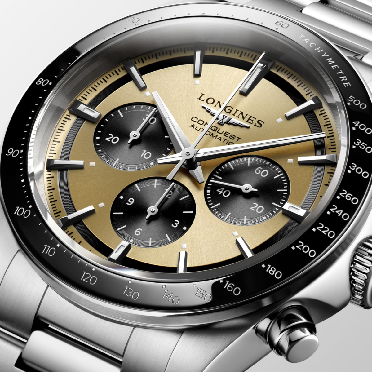 Longines Conquest Gold & Black Dial Stainless Steel Mens Chronograph Watch L38354326