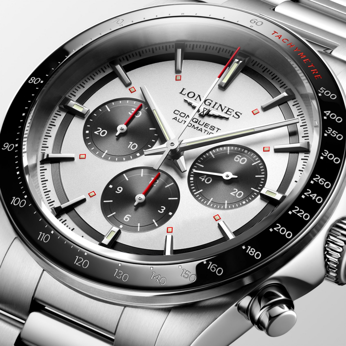 Longines Conquest Silver & Black Panda Dial Stainless Steel Mens Chronograph Watch L38354726
