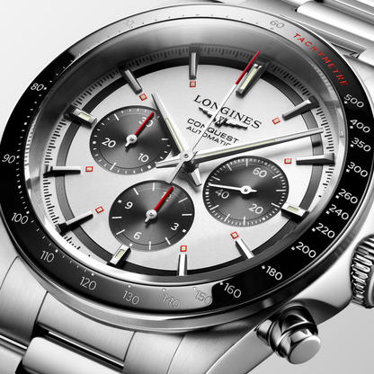 Longines Conquest Silver & Black Panda Dial Stainless Steel Mens Chronograph Watch L38354726