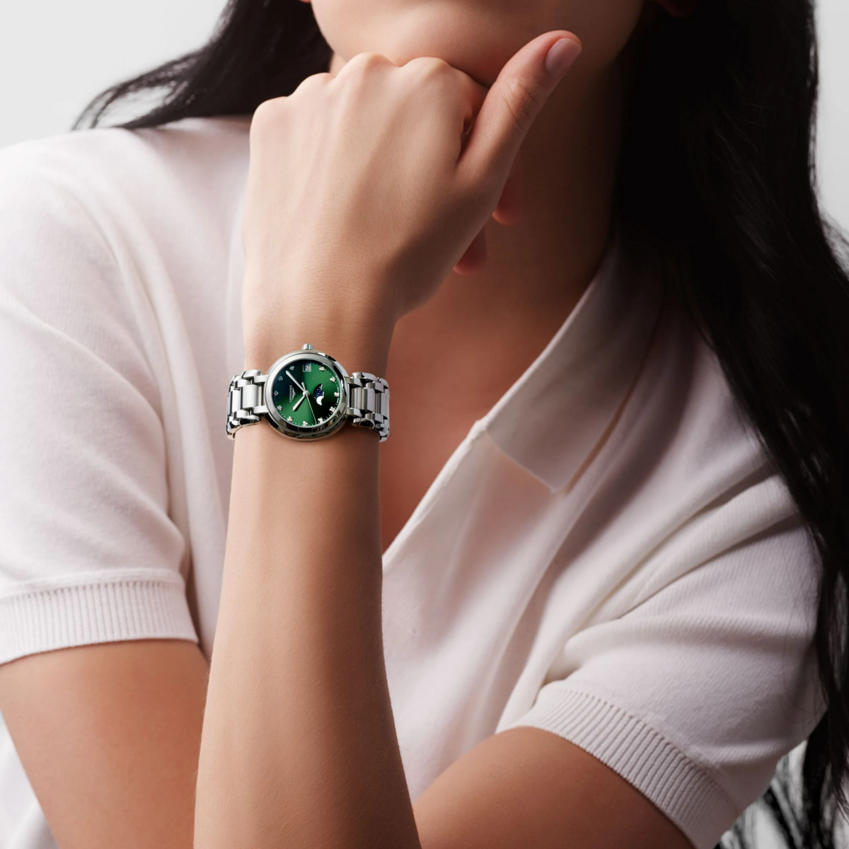 Longines PrimaLuna Green Diamond Set Dial Stainless Steel Womens Quartz Watch L81154676