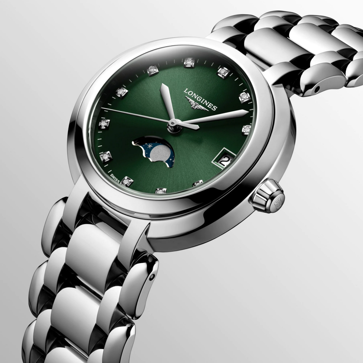 Longines PrimaLuna Green Diamond Set Dial Stainless Steel Womens Quartz Watch L81154676