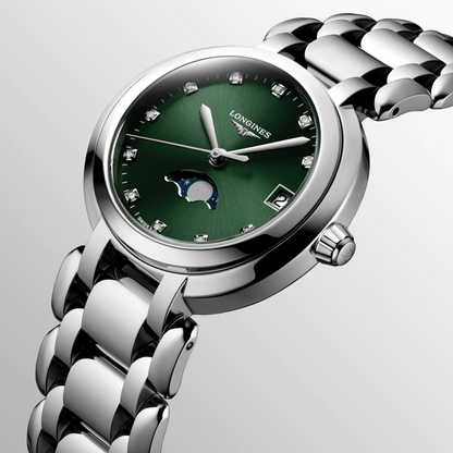 Longines PrimaLuna Green Diamond Set Dial Stainless Steel Womens Quartz Watch L81154676