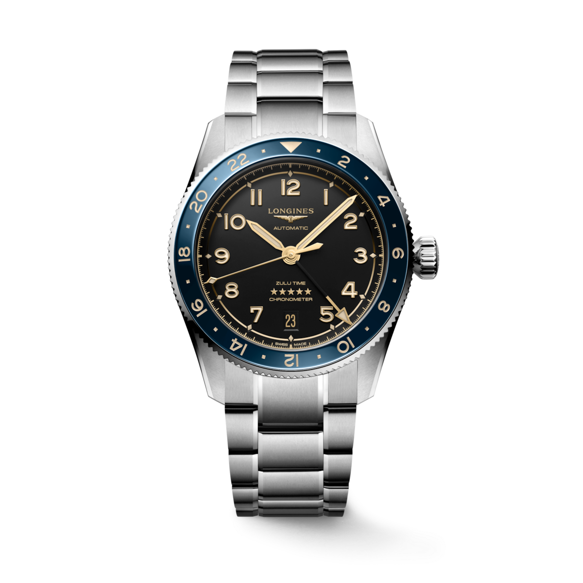 Longines Spirit Zulu Time Anthracite Dial/Blue Bezel Stainless Steel Mens GMT Watch 39mm L38024606