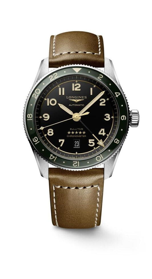 Longines Spirit Zulu Time Anthracite Dial/Green Bezel Stainless Steel Mens GMT Strap Watch 42mm L38124632