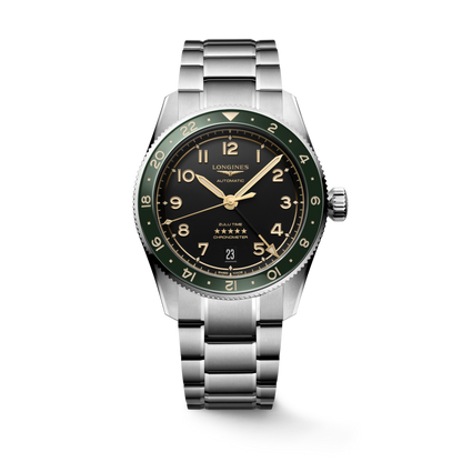 Longines Spirit Zulu Time Anthracite Dial/Green Bezel Stainless Steel Mens GMT Watch 39mm L38024636