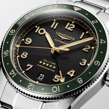 Longines Spirit Zulu Time Anthracite Dial/Green Bezel Stainless Steel Mens GMT Watch 39mm L38024636