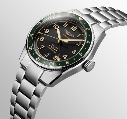 Longines Spirit Zulu Time Anthracite Dial/Green Bezel Stainless Steel Mens GMT Watch 39mm L38024636