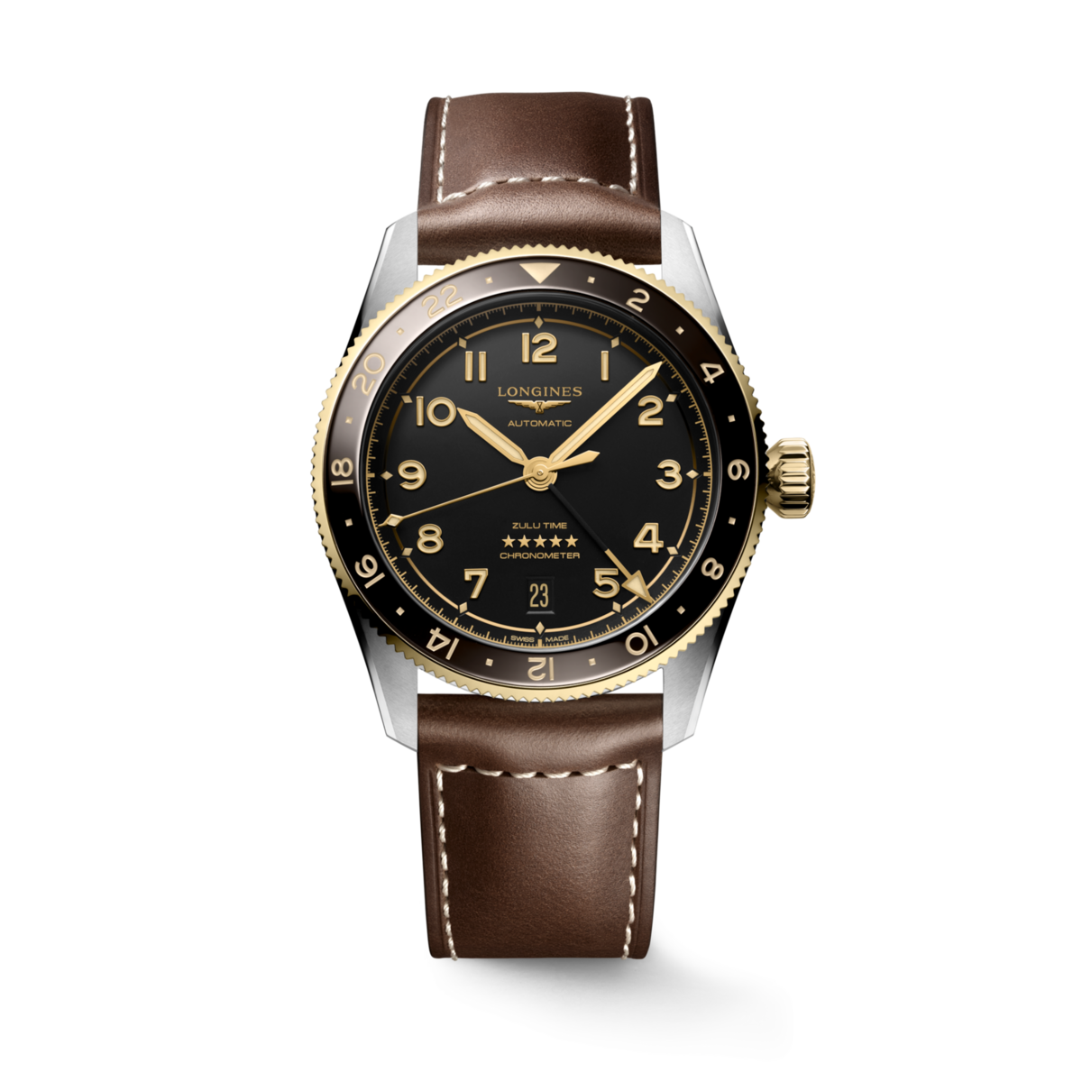 Longines Spirit Zulu Time Black Dial Two Tone Mens GMT Watch 39mm L38025532
