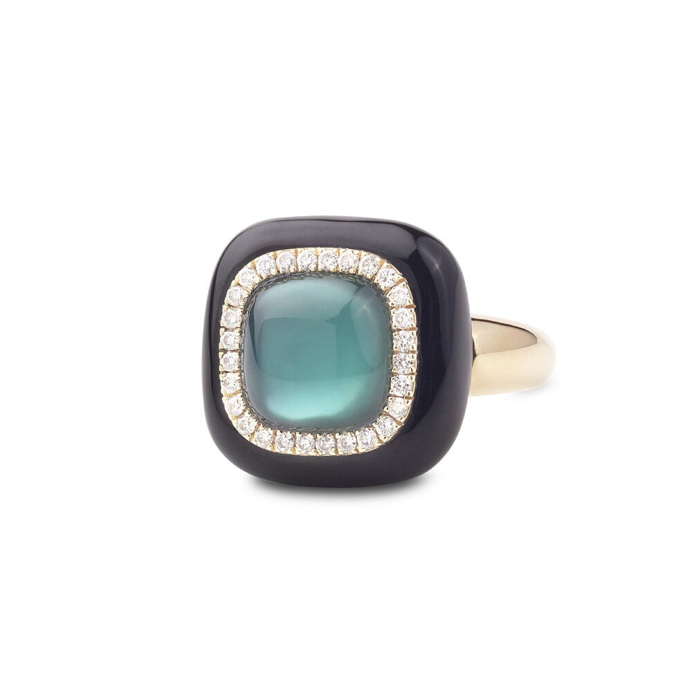 18ct Gold, Enamel, Green Agate, Rock Crystal,  Mother-of-Pearl, & Diamond Set Ring