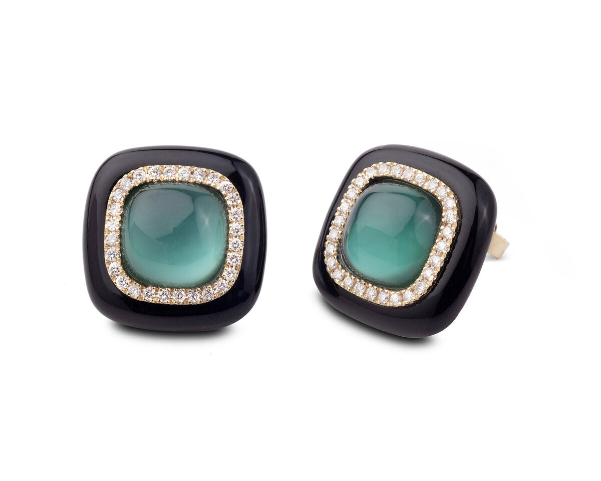 18ct Gold, Enamel, Green Agate, Rock Crystal,  Mother-of-Pearl, & Diamond Set Stud Earrings