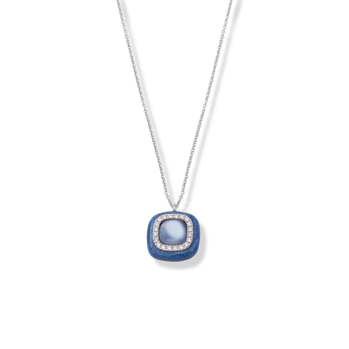 18ct White Gold Lapis Lazuli, Rock Crystal,  Mother-of-Pearl, & Diamond Set Pendant Necklace