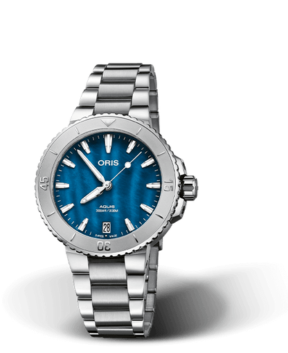 Oris Aquis Date Blue Mother of Pearl Dial Stainless Steel Womens 36.5mm Watch