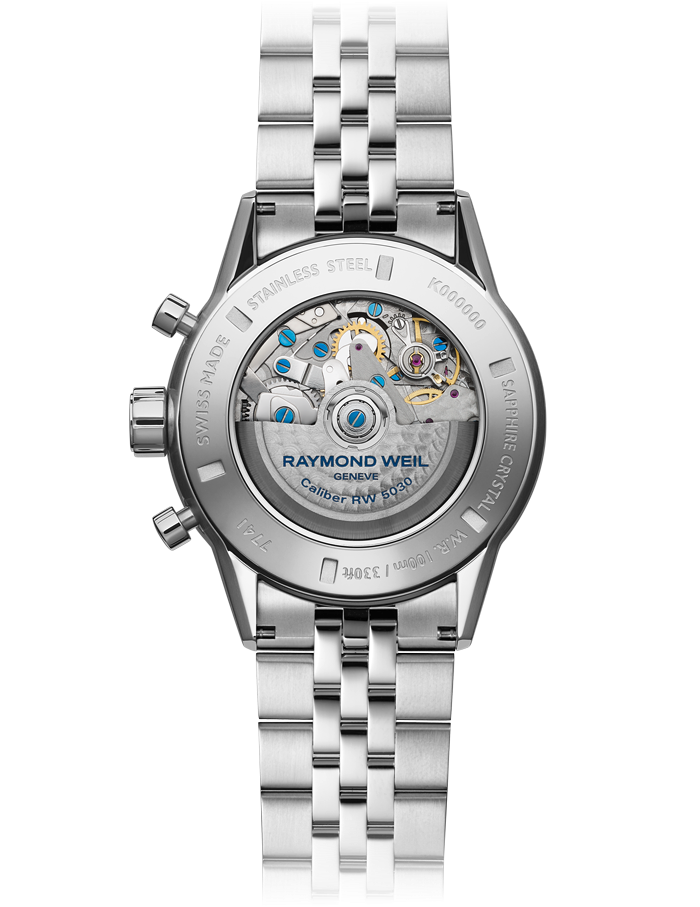 Raymond Weil Freelancer Calibre RW5030 White Dial Stainless Steel Mens Chronograph Watch 7741-ST1-30021