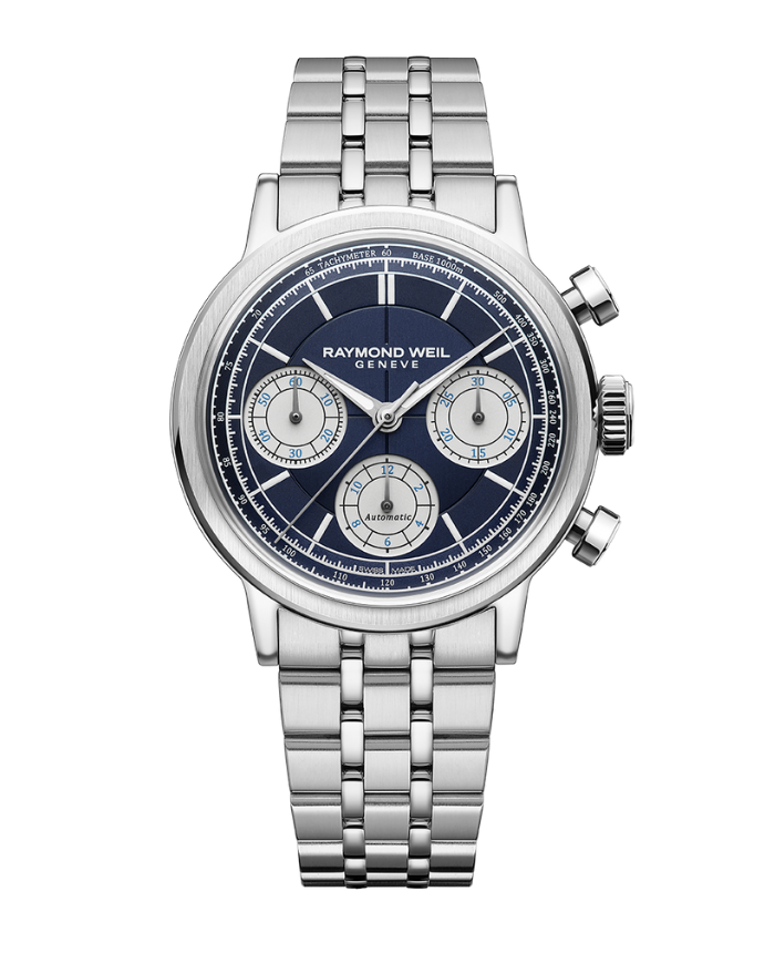 Raymond Weil Millesime Blue Sector Dial Stainless Steel Mens Chronograph Watch 7765-ST-50651