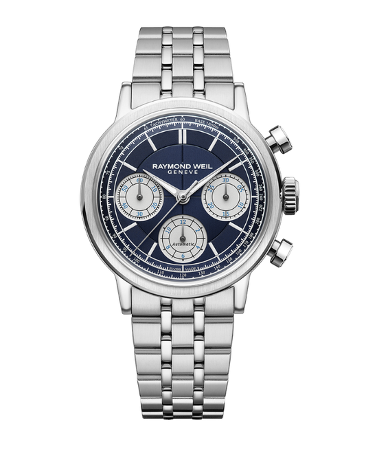 Raymond Weil Millesime Blue Sector Dial Stainless Steel Mens Chronograph Watch 7765-ST-50651