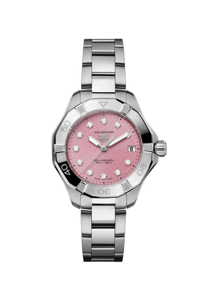 TAG Heuer Aquaracer Professional 200 Solargraph Stainless Steel Diamond Set Pink Dial Womens Quartz 34mm Watch WBP1318.BA0005