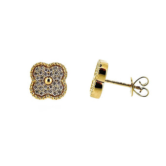 14ct Gold Diamond Set Quatrefoil Beaded Edge Four Leaf Clover Stud Earrings