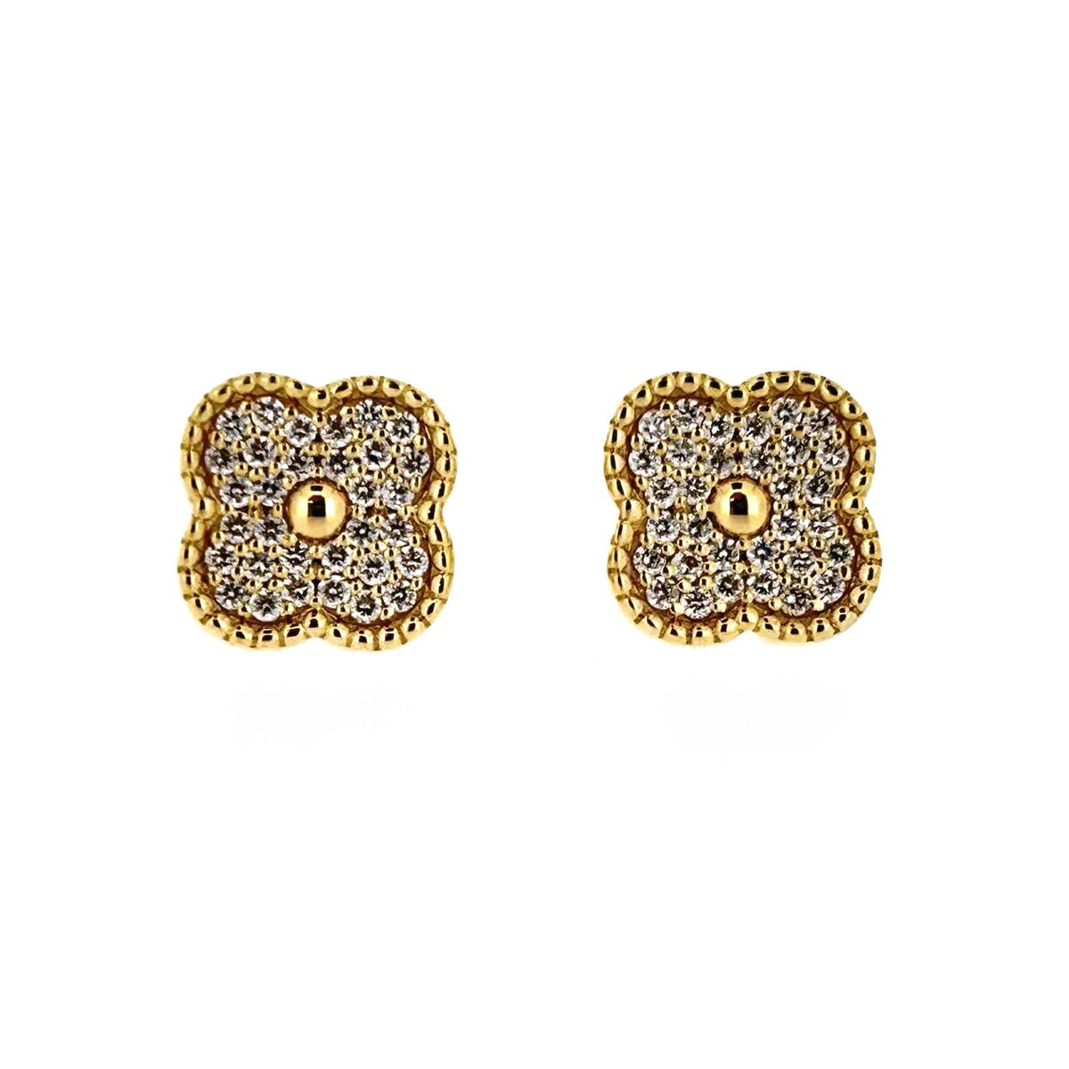 14ct Gold Diamond Set Quatrefoil Beaded Edge Four Leaf Clover Stud Earrings