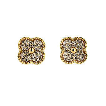 14ct Gold Diamond Set Quatrefoil Beaded Edge Four Leaf Clover Stud Earrings