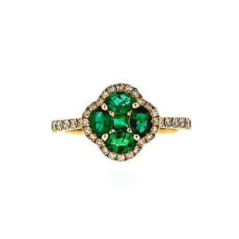 14ct Gold Emerald & Diamond Set Quatrefoil Cluster Ring