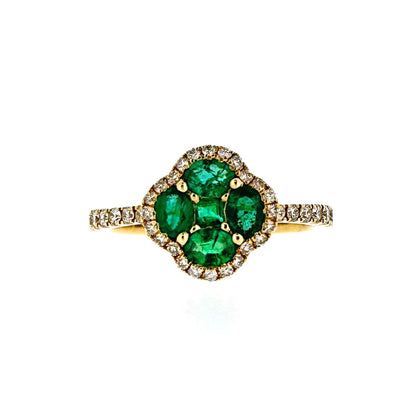 14ct Gold Emerald & Diamond Set Quatrefoil Cluster Ring