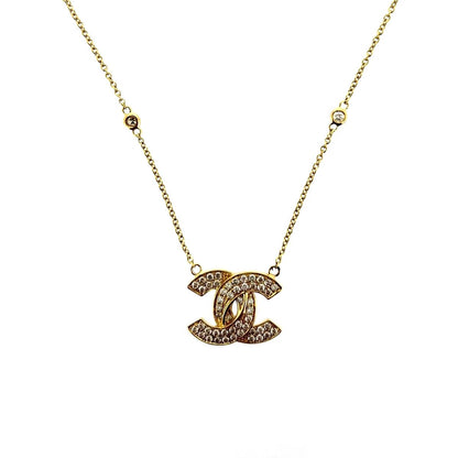 14ct Gold Interlocking Double C Diamond Set Pendant Necklace