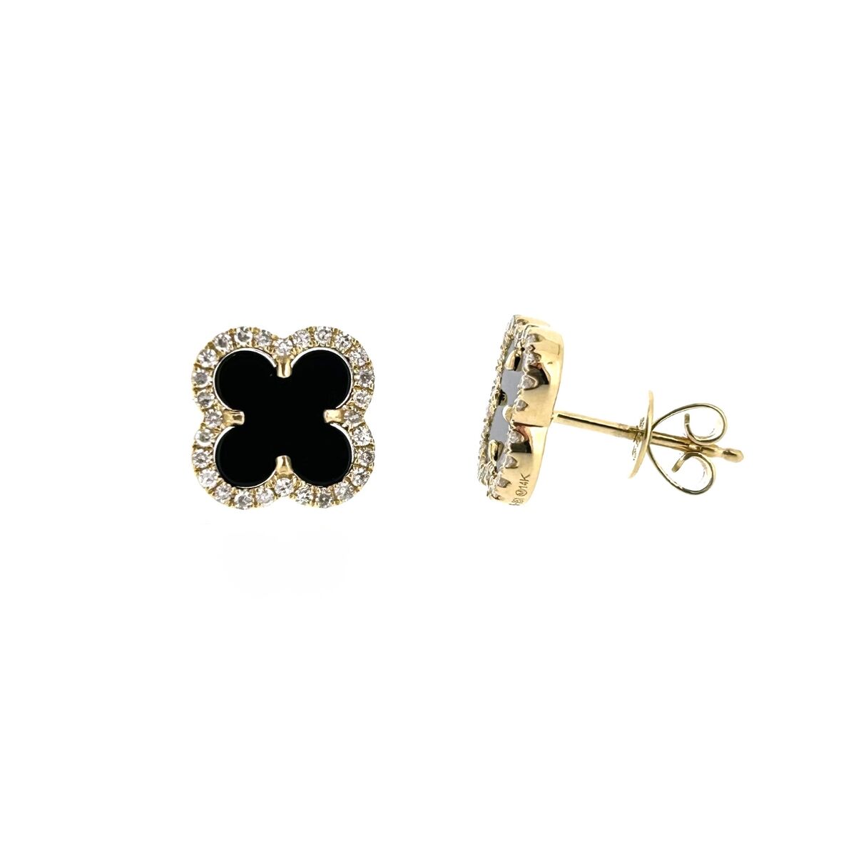 14ct Gold Onyx & Diamond Set Quatrefoil Beaded Edge Four Leaf Clover Stud Earrings