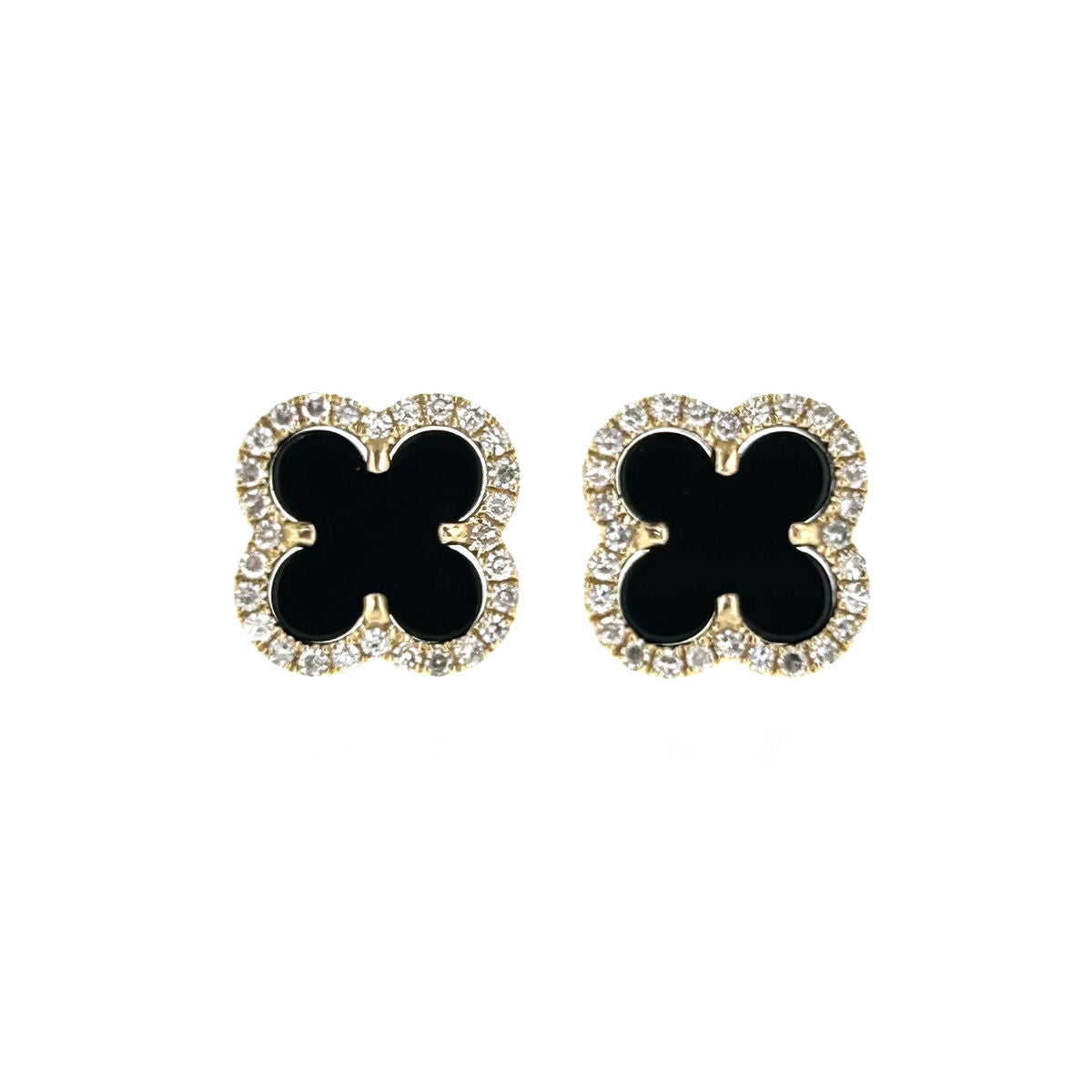 14ct Gold Onyx & Diamond Set Quatrefoil Beaded Edge Four Leaf Clover Stud Earrings