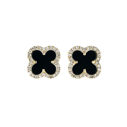14ct Gold Onyx & Diamond Set Quatrefoil Beaded Edge Four Leaf Clover Stud Earrings