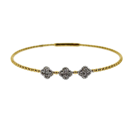 14ct Yellow & White Gold Two Tone Quatrefoil Diamond Set Flexi Bangle