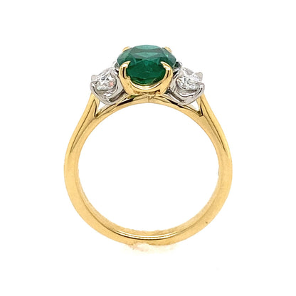 18ct Gold and Platinum Oval Cut Emerald & Diamond Set Three Stone Trilogy Ring