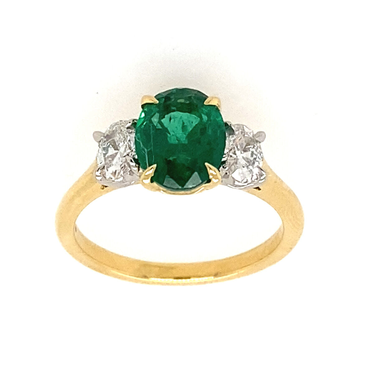18ct Gold and Platinum Oval Cut Emerald & Diamond Set Three Stone Trilogy Ring