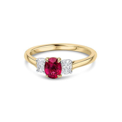 18ct Gold and Platinum Oval Cut Ruby & Diamond Set Three Stone Trilogy Ring