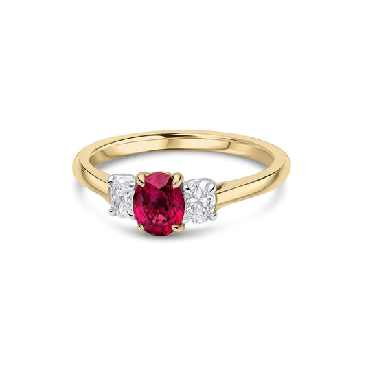 18ct Gold and Platinum Oval Cut Ruby & Diamond Set Three Stone Trilogy Ring