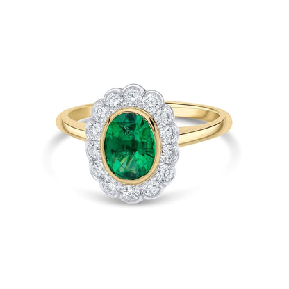 18ct Gold and Platinum Oval Emerald & Diamond Set Cluster Ring