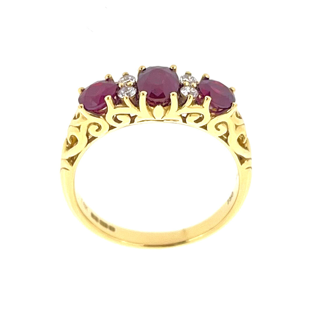 18ct Gold Claw Set Ruby & Diamond Set Victorian Style Carved Side Dress Ring