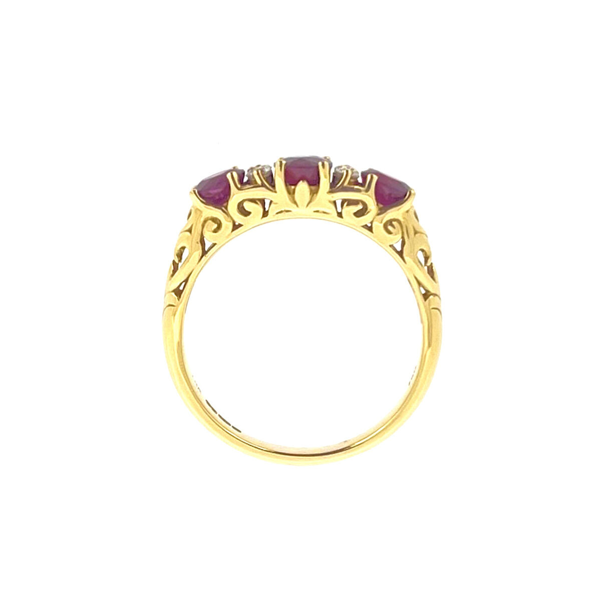 18ct Gold Claw Set Ruby & Diamond Set Victorian Style Carved Side Dress Ring