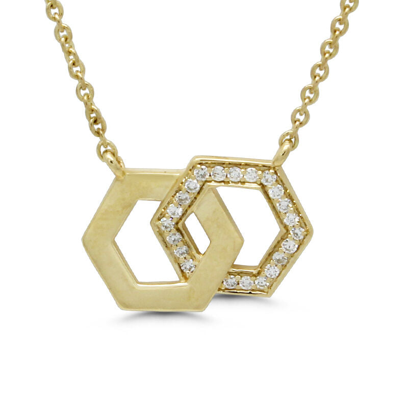 18ct Gold Diamond Set Openwork Twin Hexagon Honeycomb Pendant Necklace