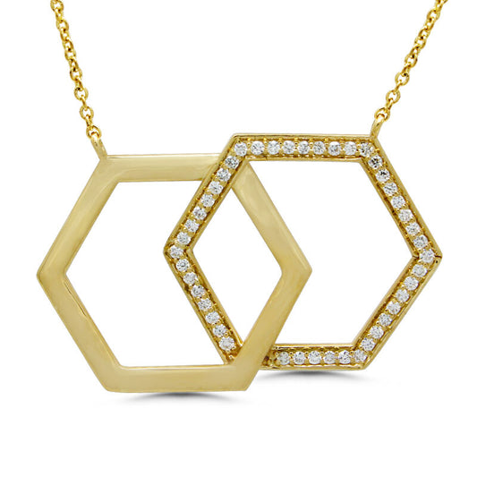 18ct Gold Diamond Set Openwork Twin Hexagon Honeycomb Pendant Necklace