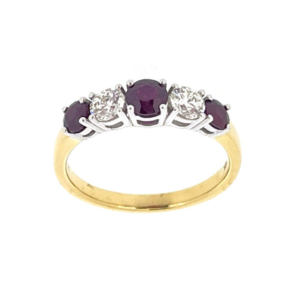 18ct Gold Graduated Ruby & Diamond Set Five Stone Half-Eternity Dress Ring