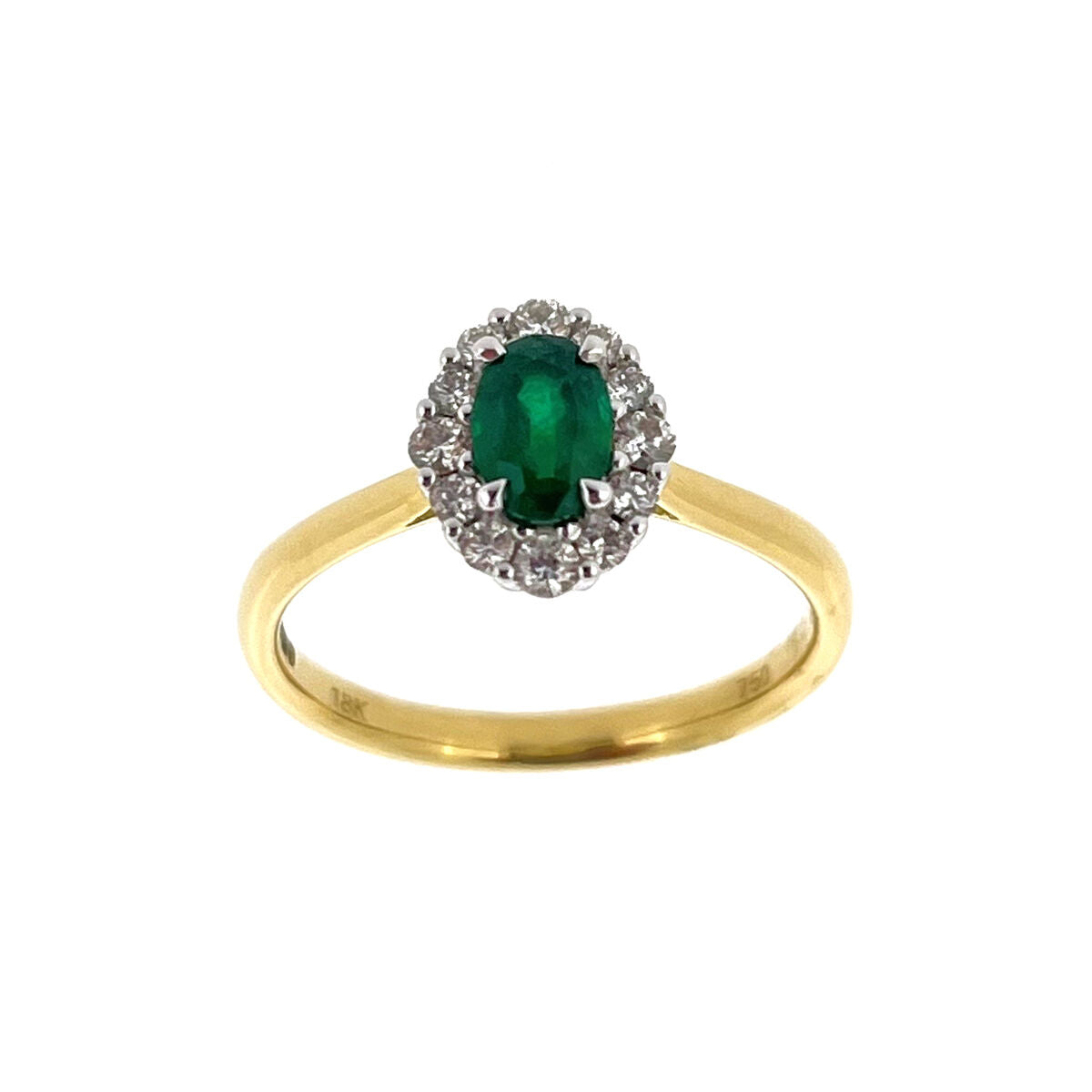 18ct Gold Oval Emerald & Diamond Set Cluster Ring
