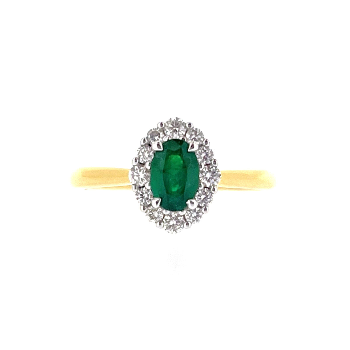 18ct Gold Oval Emerald & Diamond Set Cluster Ring