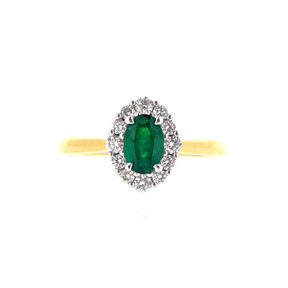 18ct Gold Oval Emerald & Diamond Set Cluster Ring