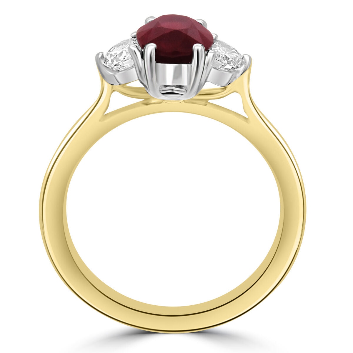 18ct Gold Oval Ruby & Demilune Diamond Set Three Stone Trilogy Ring