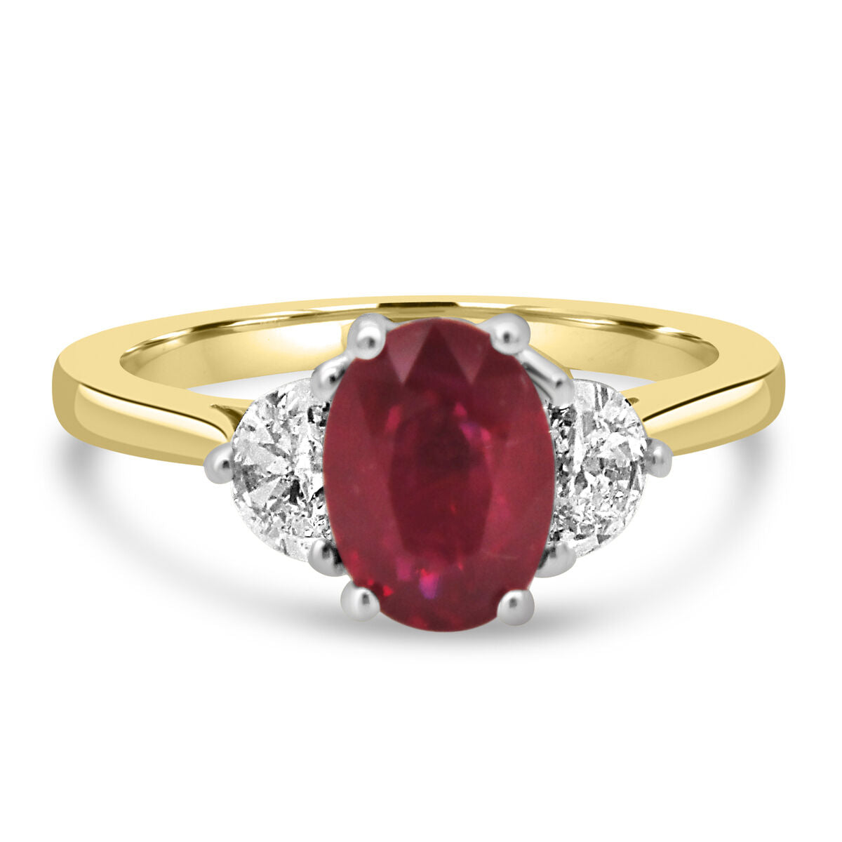 18ct Gold Oval Ruby & Demilune Diamond Set Three Stone Trilogy Ring