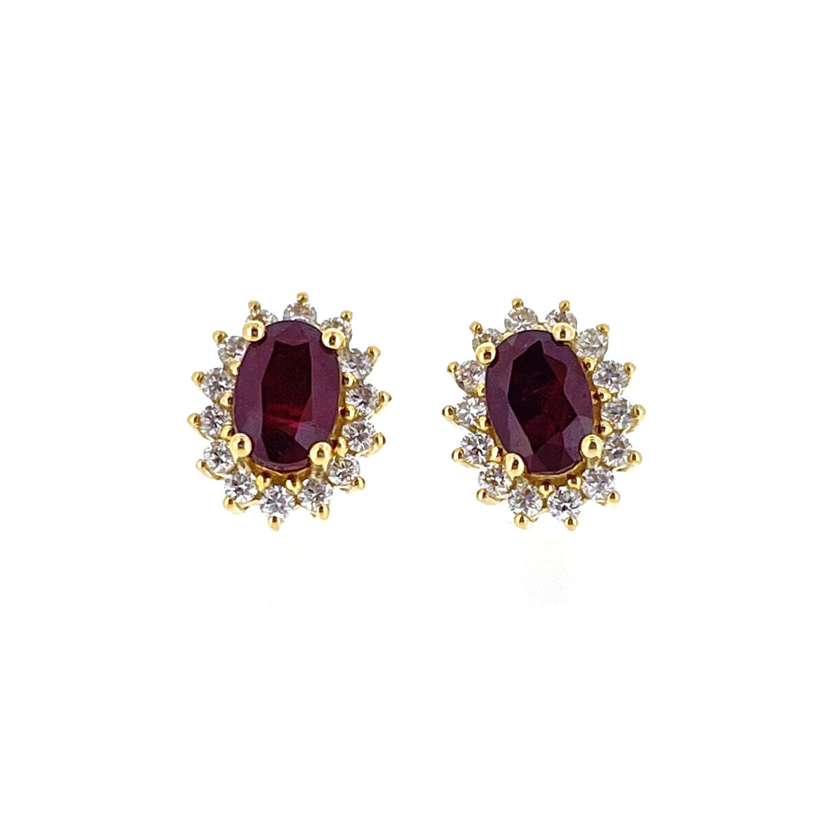 18ct Gold Oval Ruby & Diamond Set Cluster Stud Earrings