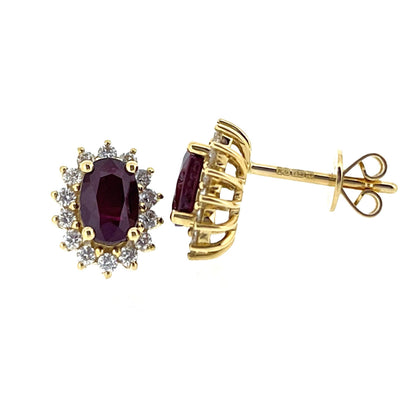 18ct Gold Oval Ruby & Diamond Set Cluster Stud Earrings