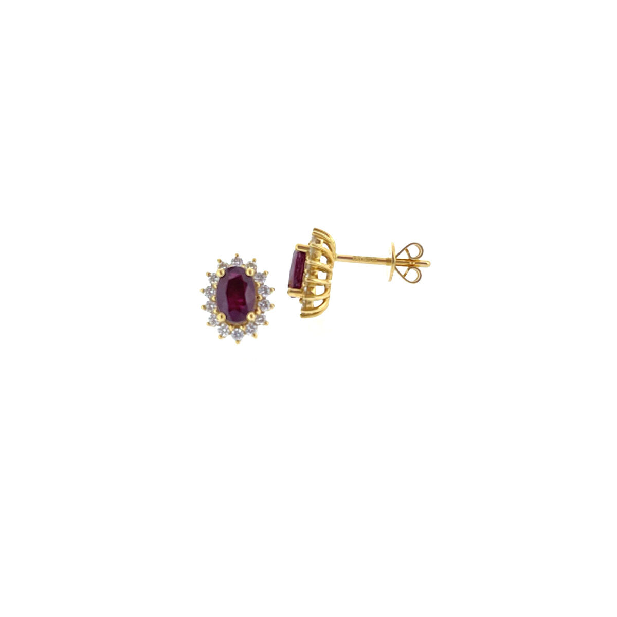 18ct Gold Oval Ruby & Diamond Set Cluster Stud Earrings