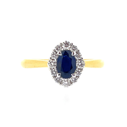 18ct Gold Oval Sapphire & Diamond Set Cluster Ring