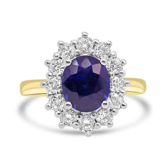 18ct Gold & Platinum Oval Sapphire & Diamond Set Cluster Ring